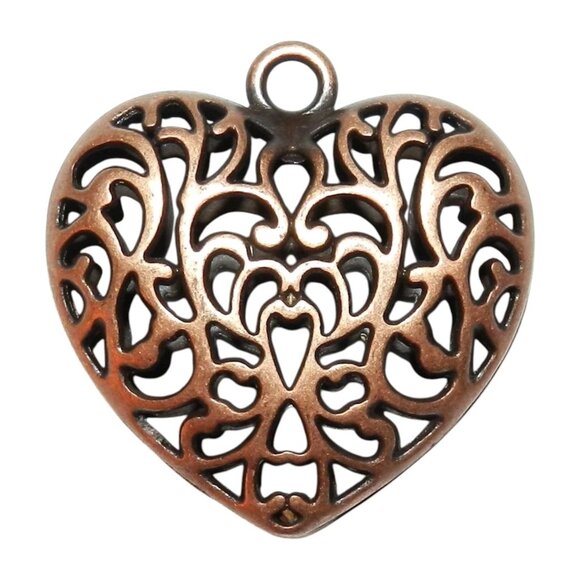 Antiqued Copper 36mm Heart Pendant with Intricate Open Filigree Design 4pc M371 - Picture 1 of 1